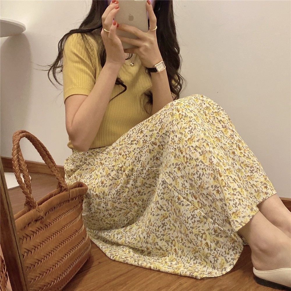 Chân váy Voan hoa Midi dài Lưng cao Dáng chữ A Lưng thun Ulzzang Hàn Quốc Chân váy Midi dài Voan hoa Cạp cao | BigBuy360 - bigbuy360.vn