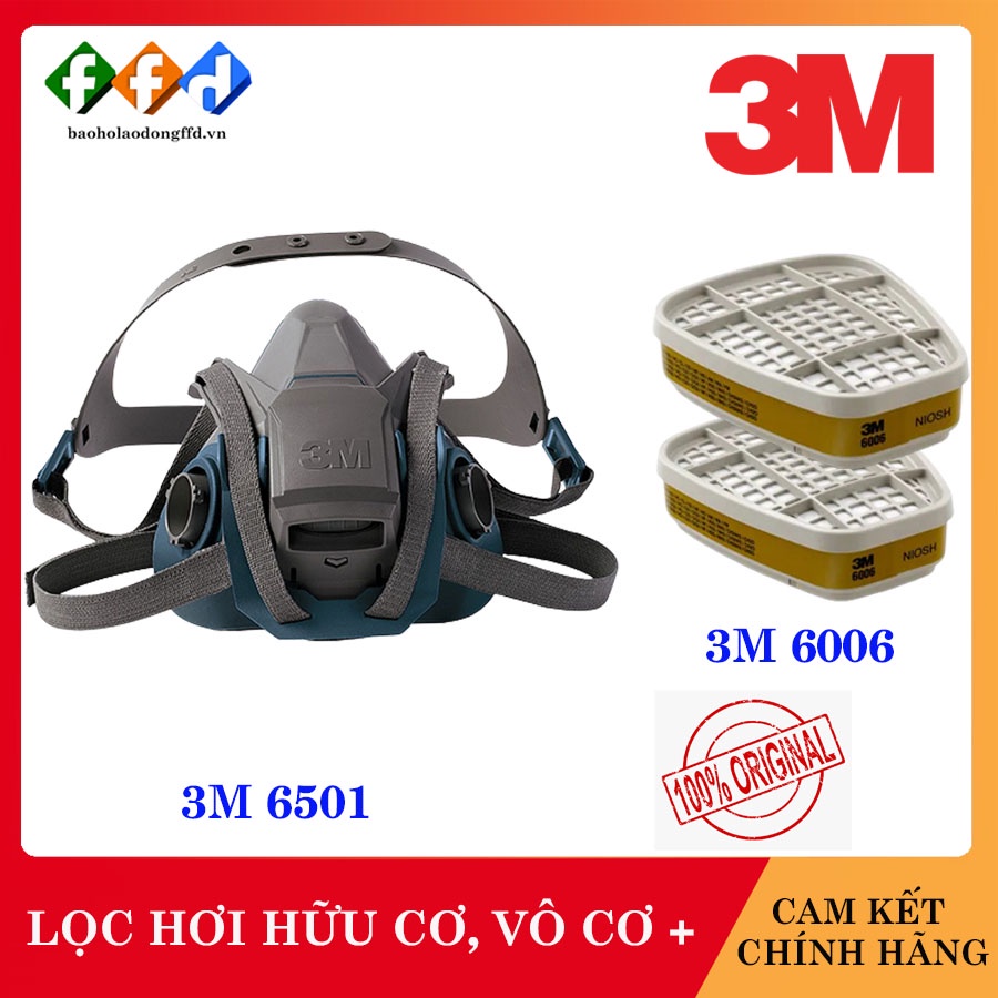 [Hàng chính hãng] Bộ mặt nạ phòng độc 3M 6501QL(2 phin lọc 6006),Lọc hơi vô cơ,hữu cơ,khí Amoniac,Metylamin,Formaldehype