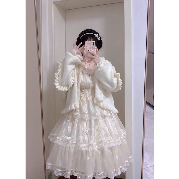 YAS0247-Áo khoác Lolita lông cổ tròn nhún bèo