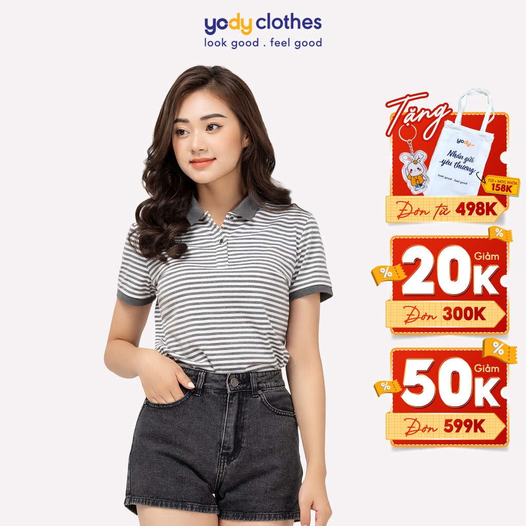 Áo polo nữ YODY kẻ sọc melange dáng basic chất vải mềm mịn APN4172