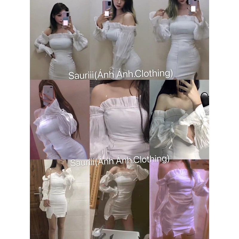 Đầm ôm body xẻ đùi sang chảnh sexy quyến rũ đi tiệc tiểu thư trễ vai tay lụa bóng cột nơ | BigBuy360 - bigbuy360.vn
