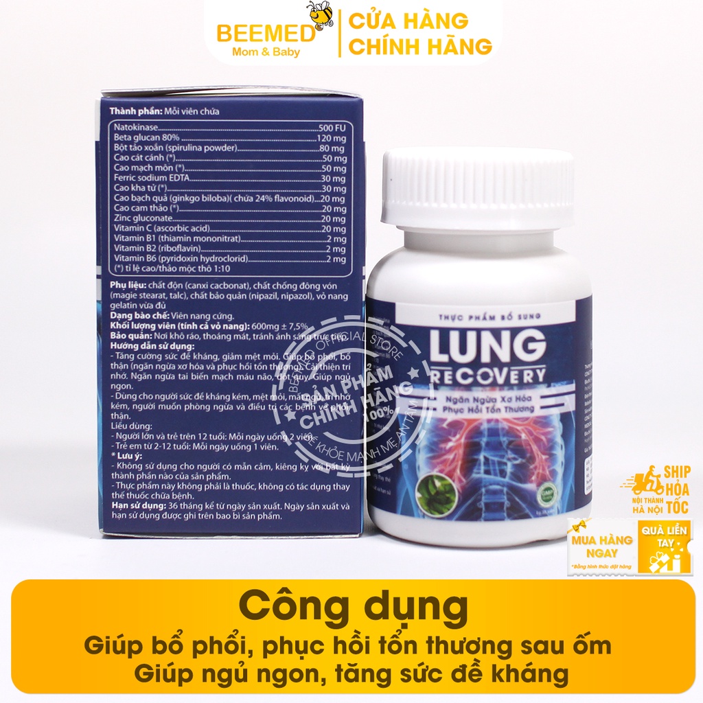 Bổ phổi, phục hồi sức khỏe sau ốm - Bổ phổi LUNG RECOVERY Hộp 30 viên - giúp ngủ ngon, tăng đề kháng từ bột tảo xoắn