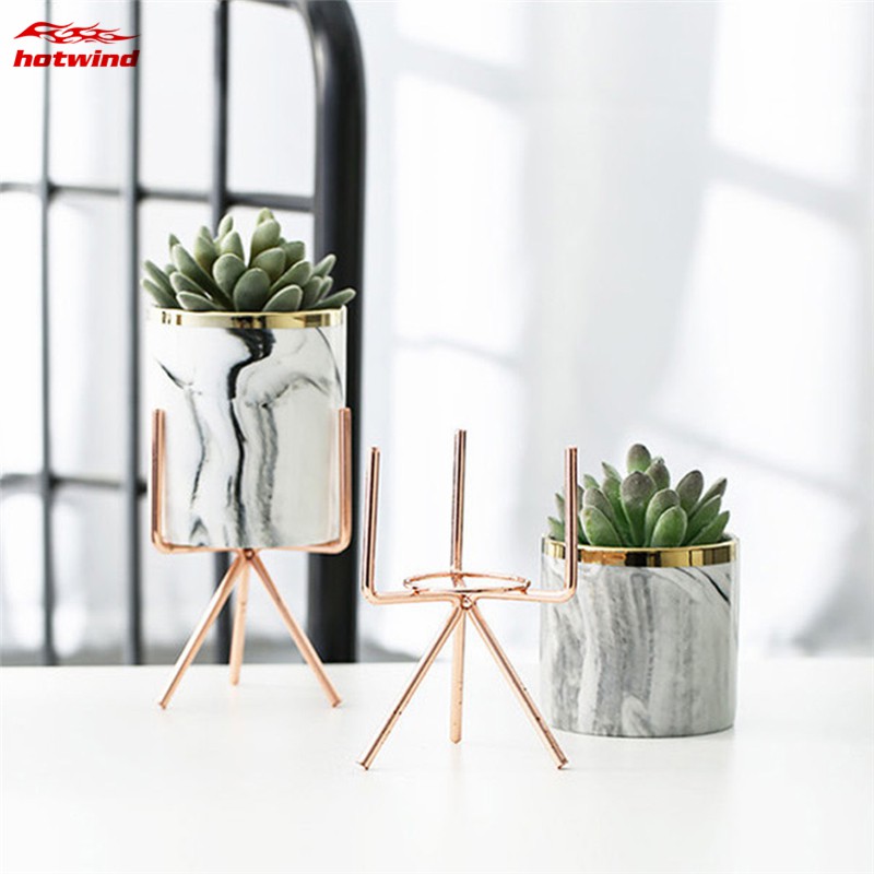 Chậu gốm in vân cẩm thạch trồng cây sen đá kèm giá đỡ kim loại phong cách Bắc Âu trưng bày trang trí nhà cửa