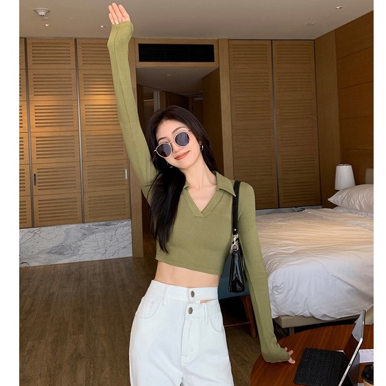 Áo Dệt Kim Nữ Tay Dài Cổ Chữ v Màu Sắc Thanh Lịch