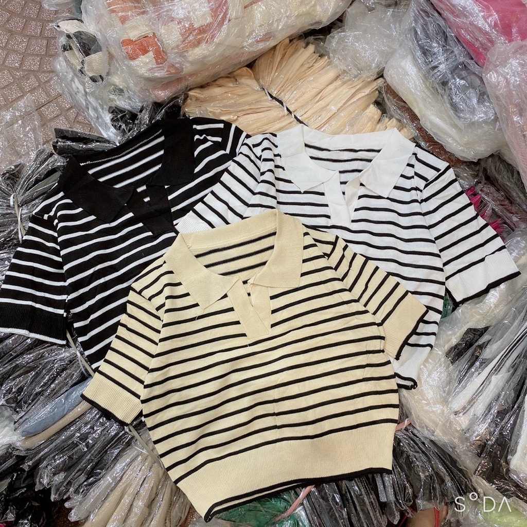 Áo kiểu nữ tay ngắn cổ chữ V kẻ sọc thời trang, áo len kẻ polo basic chất mongtoghi free size cá tính hàng Quảng Châu