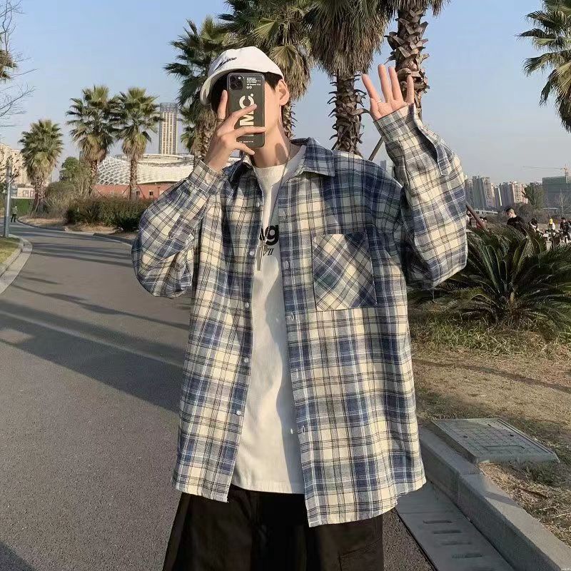 Áo khoác sơ mi tay dài nam dáng rộng kẻ sọc thiết kế trẻ trung cho các cặp đôiunisex áo sơ mi nam kẻ sọc