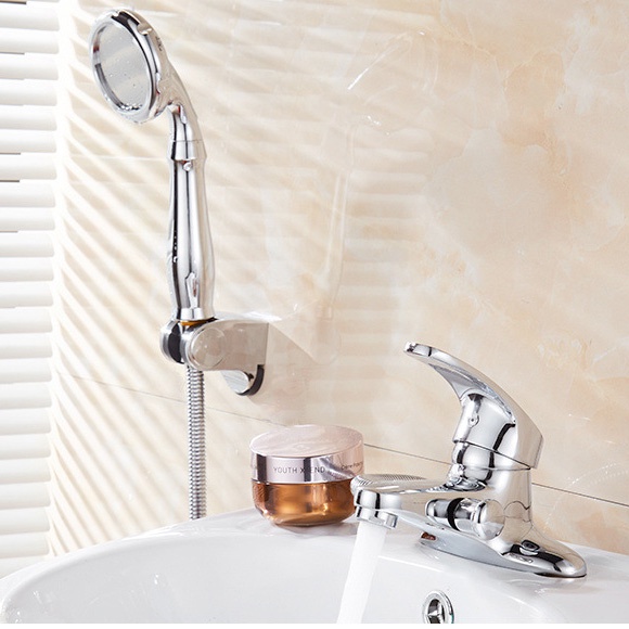 Vòi chậu rửa liền sen nóng lạnh, vòi lavabo liền vòi sen tăng áp 2 chân nóng lạnh bằng đồng mạ Niken màu Bạc cao cấp