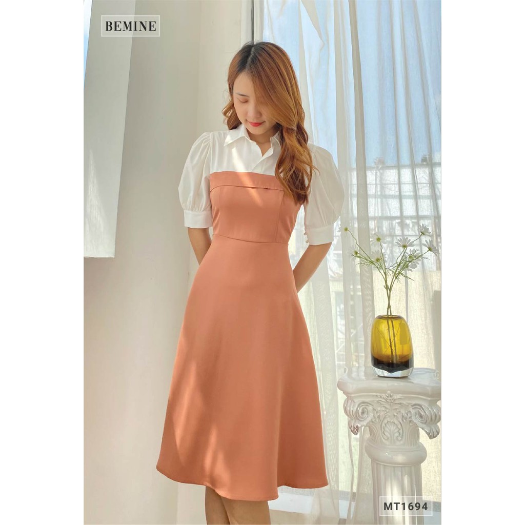 [Mã WABRWA15 giảm 15% đơn 300K] Đầm tay phồng phối trắng BEMINE MT1694NAU | BigBuy360 - bigbuy360.vn