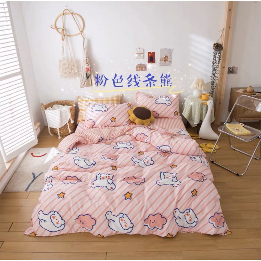 Bộ vỏ chăn ga gối Cotton Poly M2T bedding gấu hồng phối sọc, vỏ chăn mền, drap giường và 2 vỏ gối