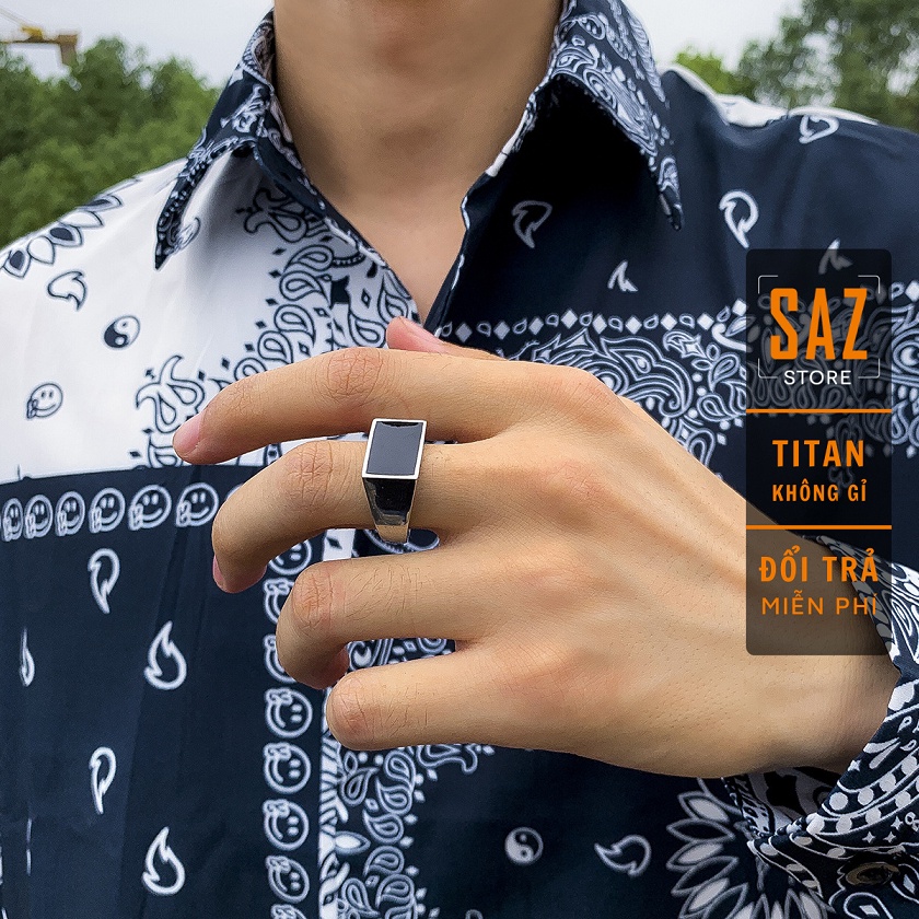 Nhẫn nam nữ tròn Unisex màu bạc Thời trang SAZ chất liệu Titan đẹp đơn giản - Black Rectangle