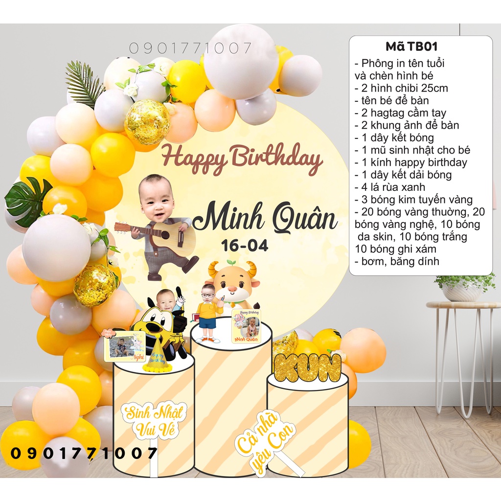 Trang trí sinh nhật cho bé 1 tuổi combo bóng sinh nhật kèm set bàn tiệc hình chibi, bảng tên cho bé giá rẻ