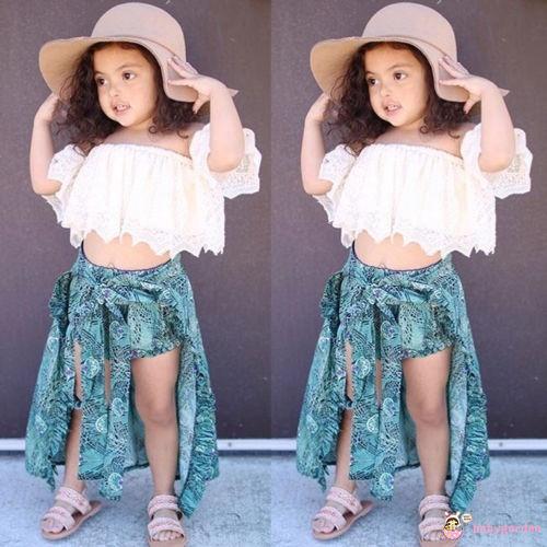 Set quần áo và áo thun họa tiết con công dễ thương cho bé gái