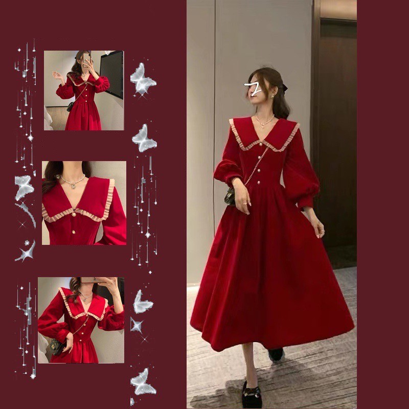 Váy đỏ nhung công chúa cổ rúm bẻ cúc giả bồng bềnh quý tộc tiểu thư chụp ảnh ăn cưới điệu đà Hàn Quốc Ulzzang cỡ đại