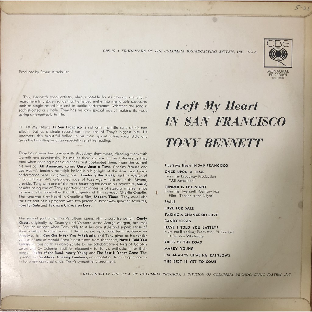 Đĩa than Tony Bennett I Left My Heart in San Francisco