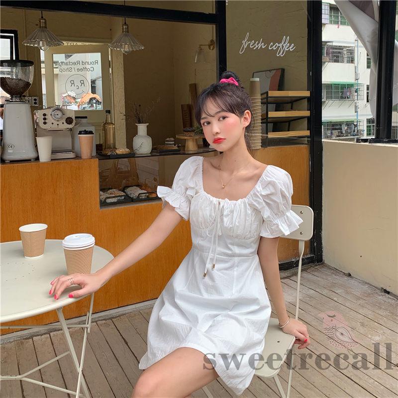 Đầm Cổ Vuông Tay Phồng Màu Trơn Thời Trang Cho Nữ