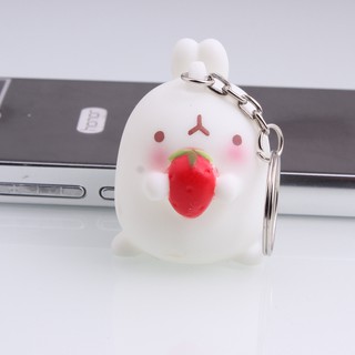 Móc Khóa trắng Thỏ mochi Ôm Dâu Tây