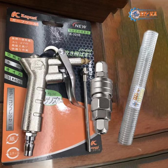 Combo Súng Xì Khô Xịt Bụi Kapusi Nhật Bản + Dây Xoắn Dẫn Hơi Khí Nén + Đầu Nối Hơi Nhanh Máy Khí Nén