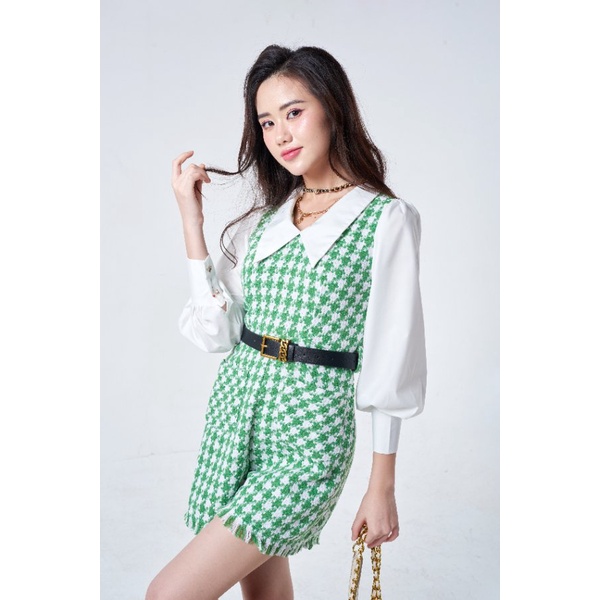 Jumsuit nữ dáng ngắn chất liệu dạ tweed tay phồng kèm đai dễ thương năng động, thời trang thiết kế YUNA