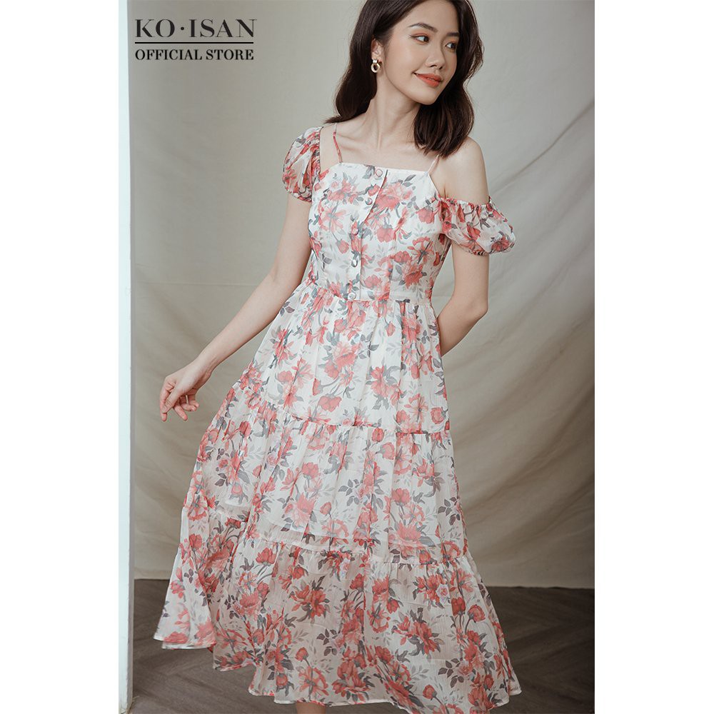 Đầm hai dây nữ KO-ISAN vải chiffon mỏng nhẹ, họa tiết hoa nhí màu hồng thanh lịch  - 21056503-1