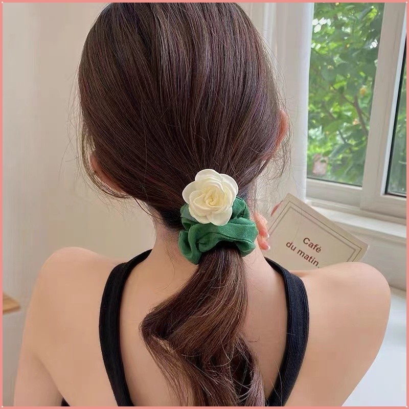 Dây Cột Tóc Bản Lớn In Họa Tiết Hoa Trà Thanh Lịch Cao Cấp