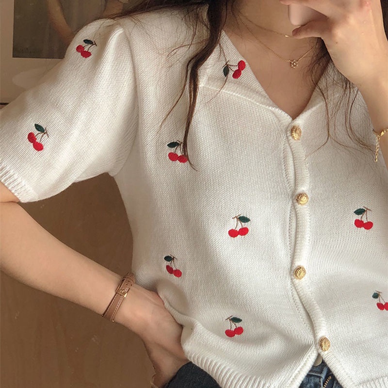 Áo Thun Dệt Kim Tay Ngắn Mỏng Họa Tiết Quả Cherry Dễ Thương Dành Cho Nữ  tao bao