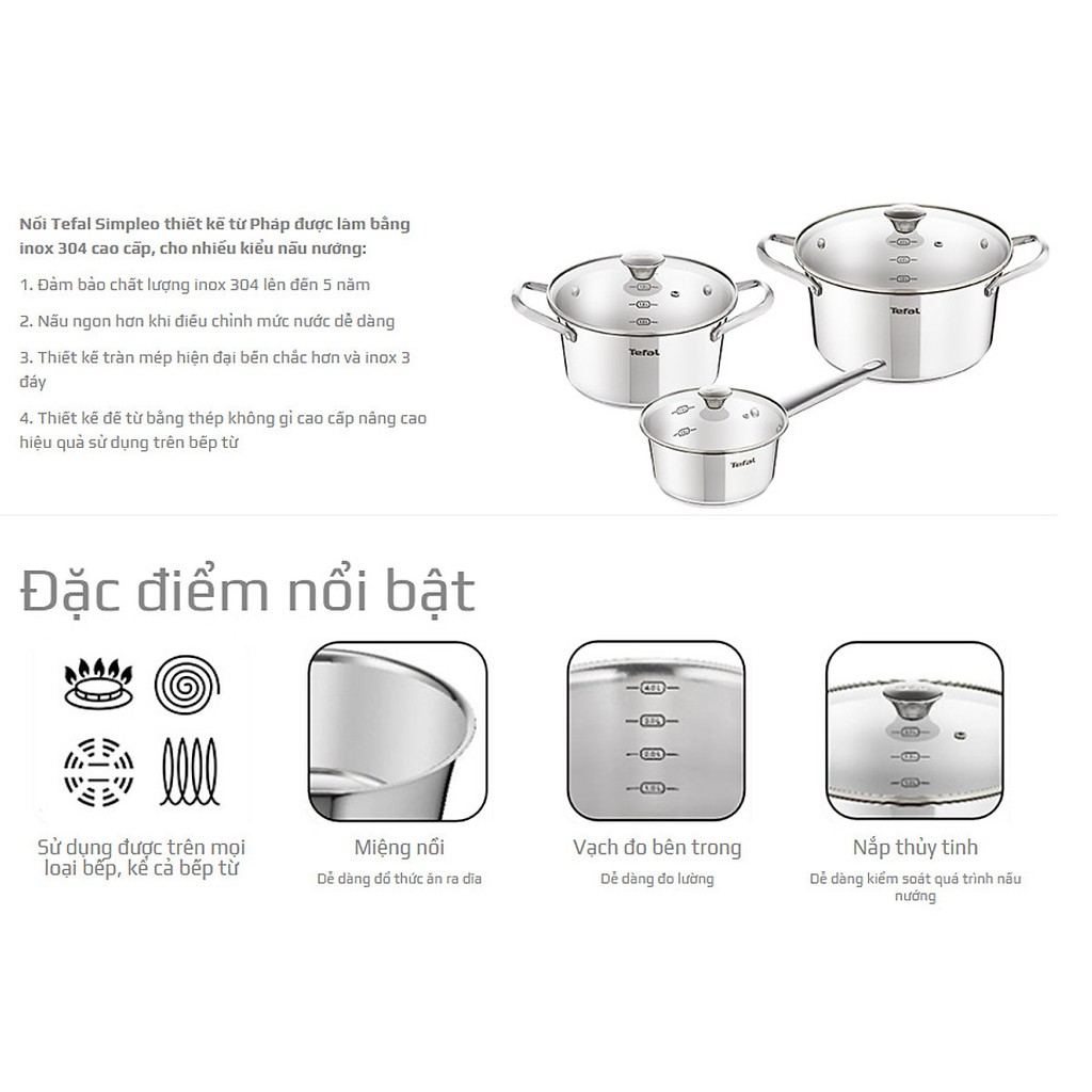 [Hàng chính hãng] Bộ nồi Inox Tefal Simpleo 3 món B907S644