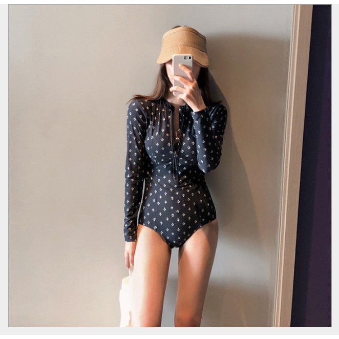 CÓ SẴN bộ đồ bơi nữ liền mảnh kéo khóa trước đen họa tiết nhí | BigBuy360 - bigbuy360.vn