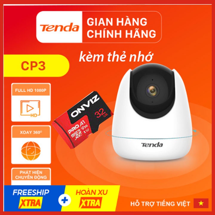 [kèm thẻ 32gb 64gb] Camera IP Wifi xoay 360 TENDA CP3 full HD 1080p, hàng chính hãng bảo hành 24 tháng