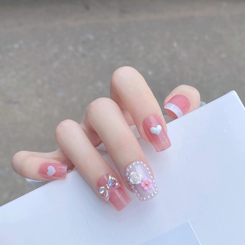 Bộ 24 Móng Tay Giả Dáng Dài Loại Dán Keo Trang Trí Hình Trái Tim Thời Trang Tiết Kiệm Thời Gian