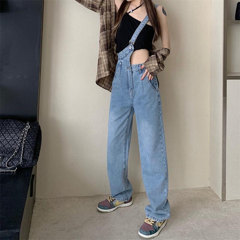 Quần Yếm Denim Dáng Suông Thiết Kế Lệch Tà Thời Trang Đường Phố 2022 Cho Nữ