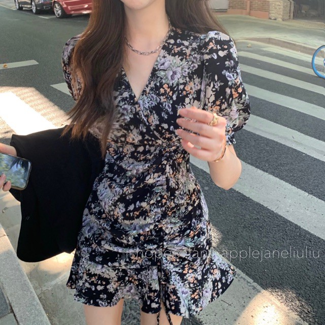 JANE’S Đầm hoa nhí tông đen ôm cổ tim đuôi cá + áo khoác vét nữ đen Blazer trẻ trung Z9 ẢNH THẬT CUỐI