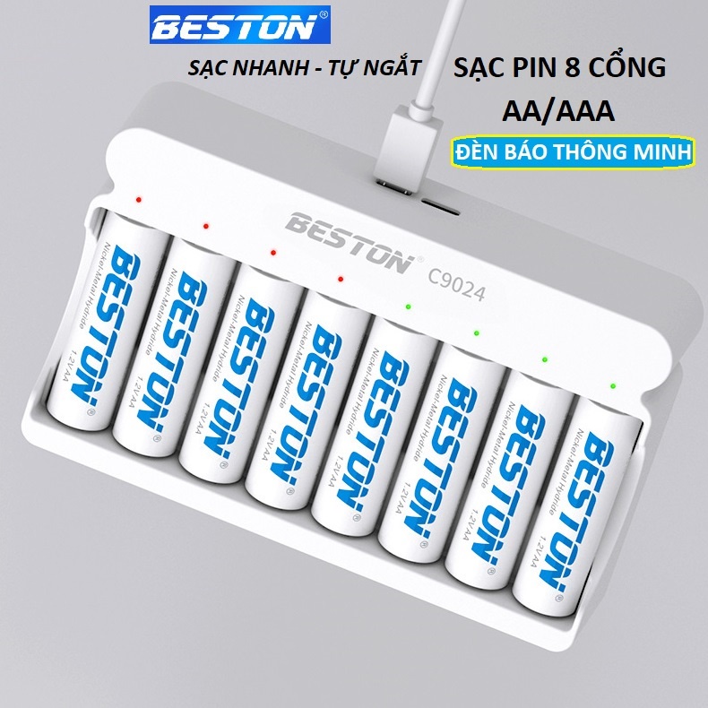 Sạc pin 8 cổng BESTON C9024, có tính năng sạc nhanh, tự ngắt khi đầy, đèn báo thông minh, pin sạc AA AAA dùng cho micro