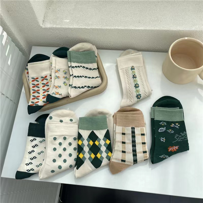 Vớ tất unisex họa tiết chéo, sọc hoa xanh cổ cao