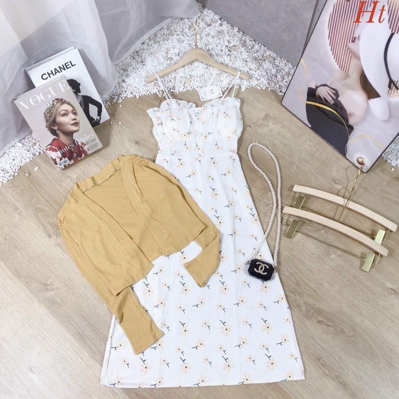 Set váy 2 dây hoa vàng + áo khoác H2S877