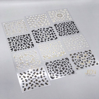 Sticker dán móng nail hoa trắng đen 3d