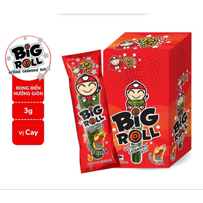 ( 1 thùng = 12 hộp)Snack Rong Biển Taokaenoi BIG ROLL Thái Lan nhiều vị: truyền thống, mực, cay 3g.