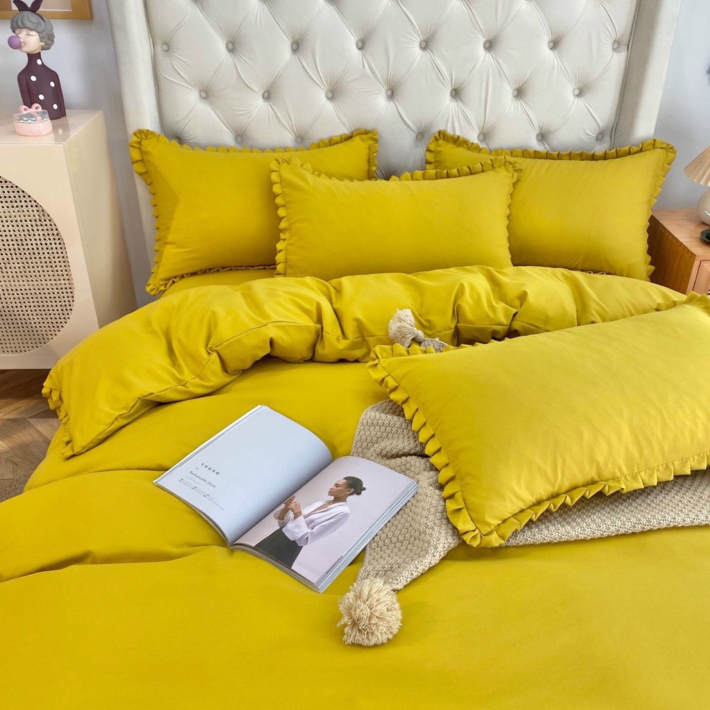 Bộ Chăn Ga Gối Cotton TICI LIDACO Bèo trơn - Vàng Nghệ