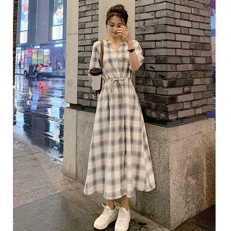 Đầm Dài Qua Gối Họa Tiết Caro Thời Trang Thu Hè Thông Minh Phong Cách Pháp Cho Nữ