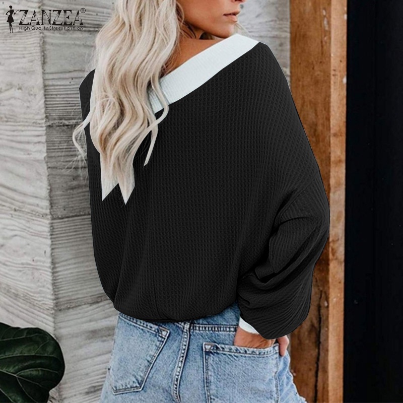 Áo kiểu dệt kim ZANZEA tay dài cổ chữ v kết cấu bánh quế thời trang cho nữ