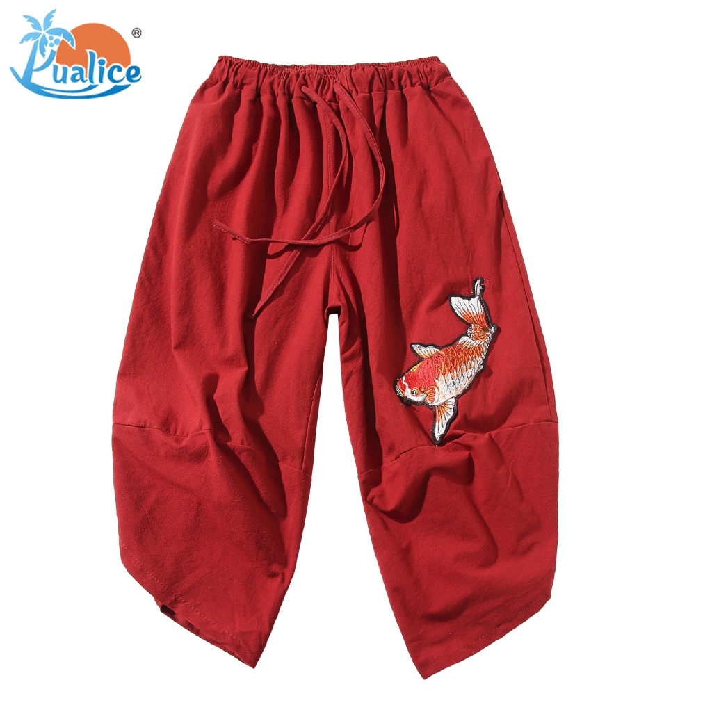 Chinese style wide-leg beach pants cropped trousers bloomers plus size retro men's trousers casual pants