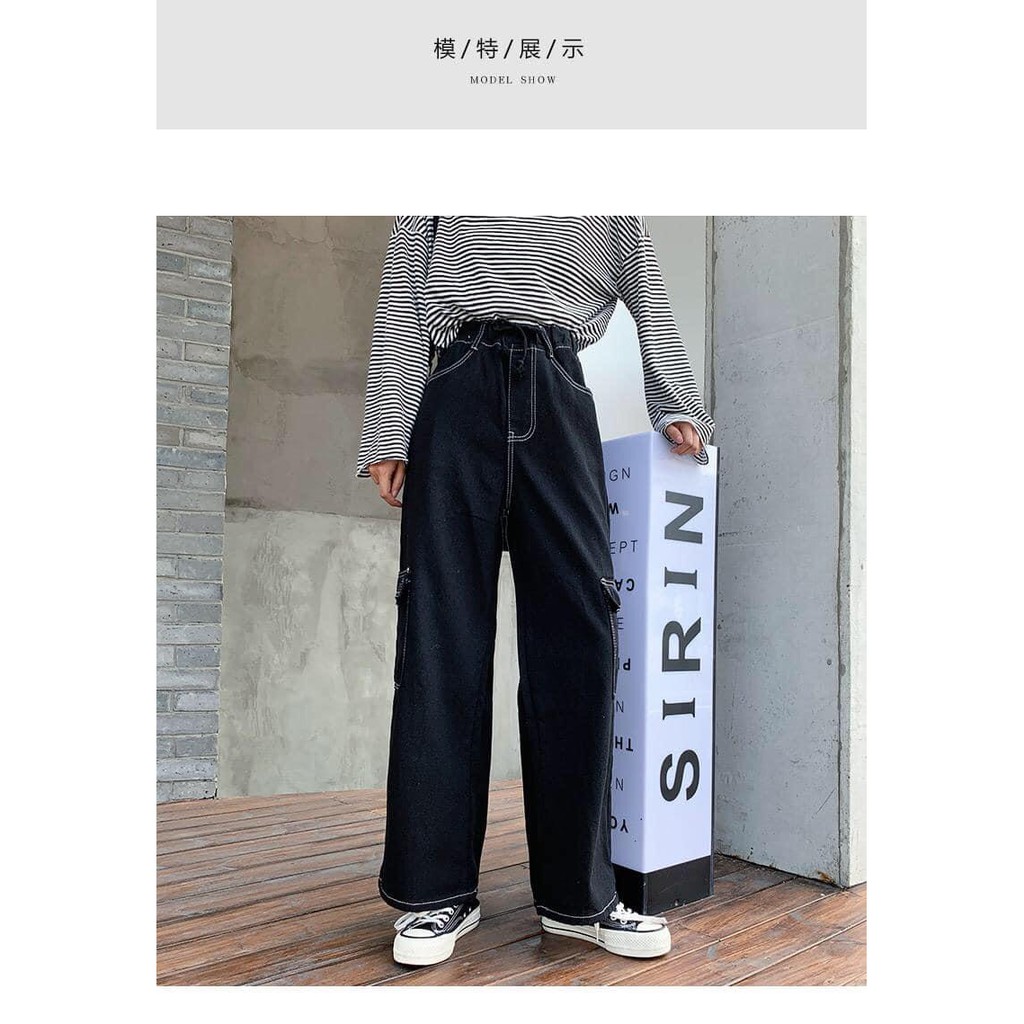 Quần ống rộng nam nữ Bape cạp cao có túi hộp hai bên giả jean dập chỉ nổi (màu đen) oversize