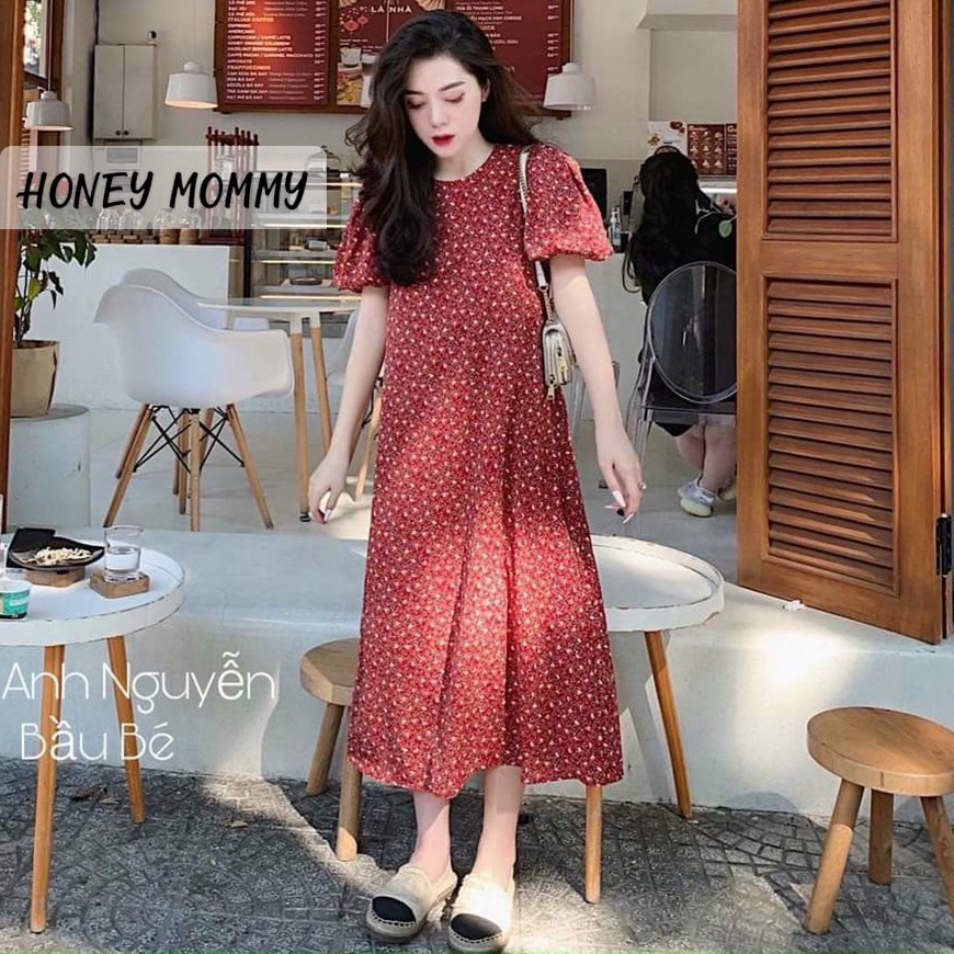 Váy Bầu Hoa Nhí Cổ Tròn Tay Bồng Dáng Suông Đầm Bầu Mùa Hè Dáng Dài HD2822 Honey Mommy