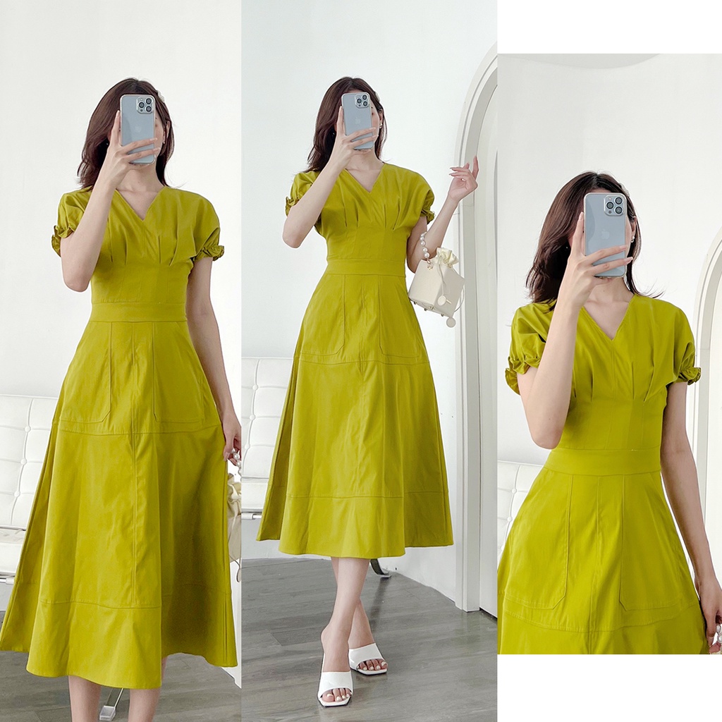 Váy xanh cốm chiết ly eo