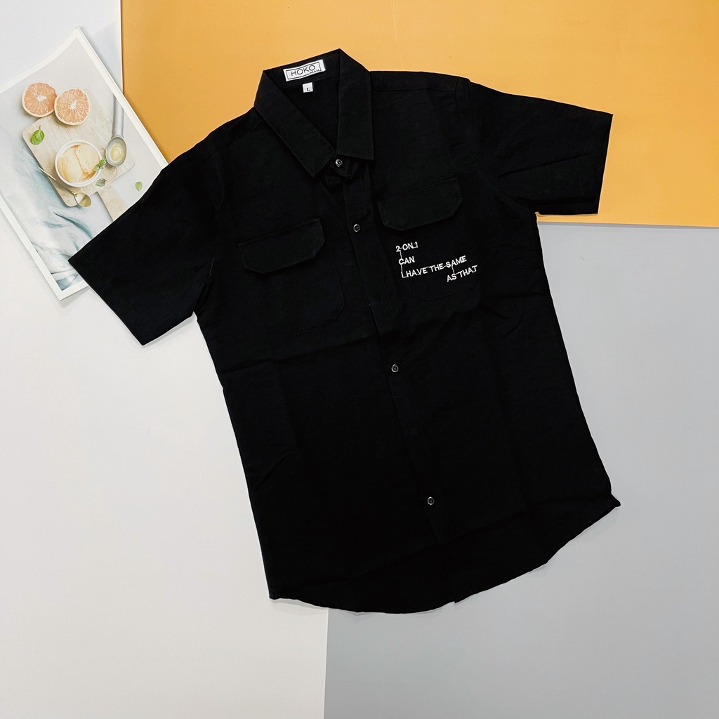 Áo sơ mi nam ngắn tay vải đũi thêu chữ mix túi phong cách đơn giản vải dày dặn mặc mát NEWSHOP004