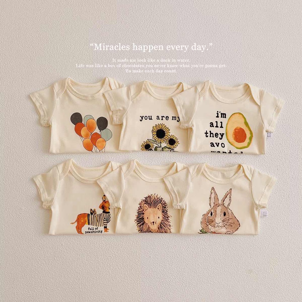 Bộ Áo Liền Quần Bằng Cotton Mềm Tay Ngắn In Hoạt Hình Dành Cho Bé Sơ Sinh 0-2 Tuổi