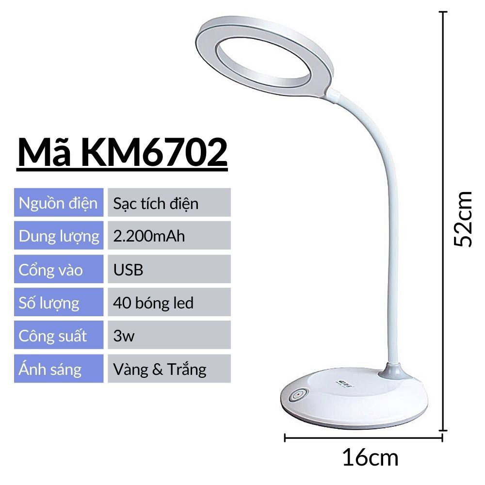 Đèn học để bàn Free ship chống cận thị sạc tích điện cổng USB KM6702