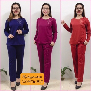 Bộ mặc nhà trung niên thu đông chất cotton dài tay- bộ mặc nhà cho mẹ cho bà hình thêu