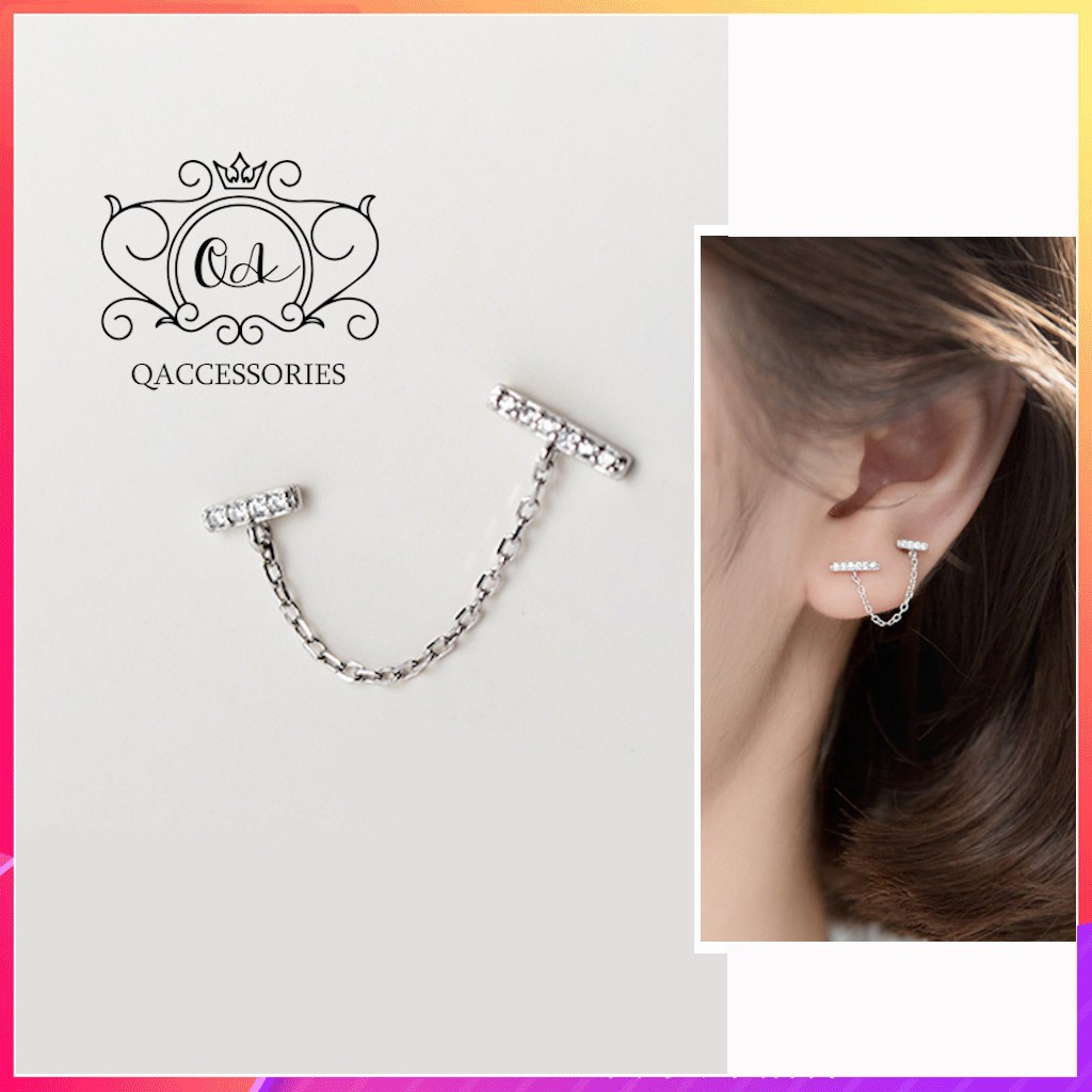 Khuyên tai bạc 2 lỗ dây xích bông tai thanh ngang đính hai đá S925 CHAIN Silver Earrings SO00 - KÈM ẢNH THẬT