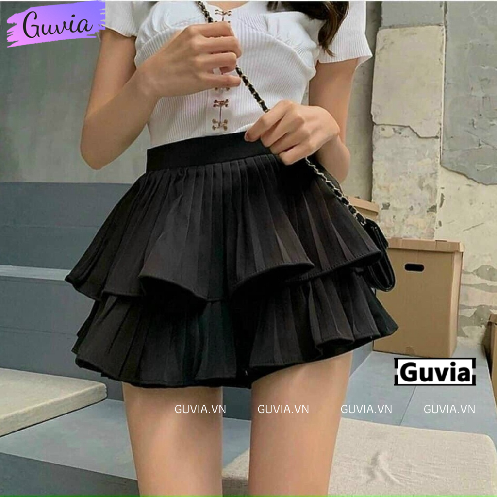 Chân Váy Xếp Ly 2 Tầng Phồng Dáng Ngắn Xòe Cao Cấp Lưng Cạp Cao ( Có Quần Trong ) GUVIA