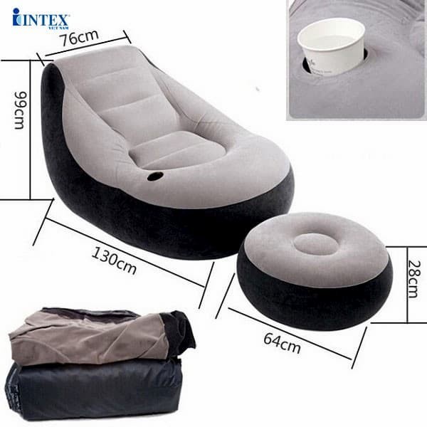 Ghế lười bơm hơi sofa chính hãng Intex - Sofa kèm đôn - Thư giãn nghỉ ngơi bề mặt nhung êm ái - Màu cafe